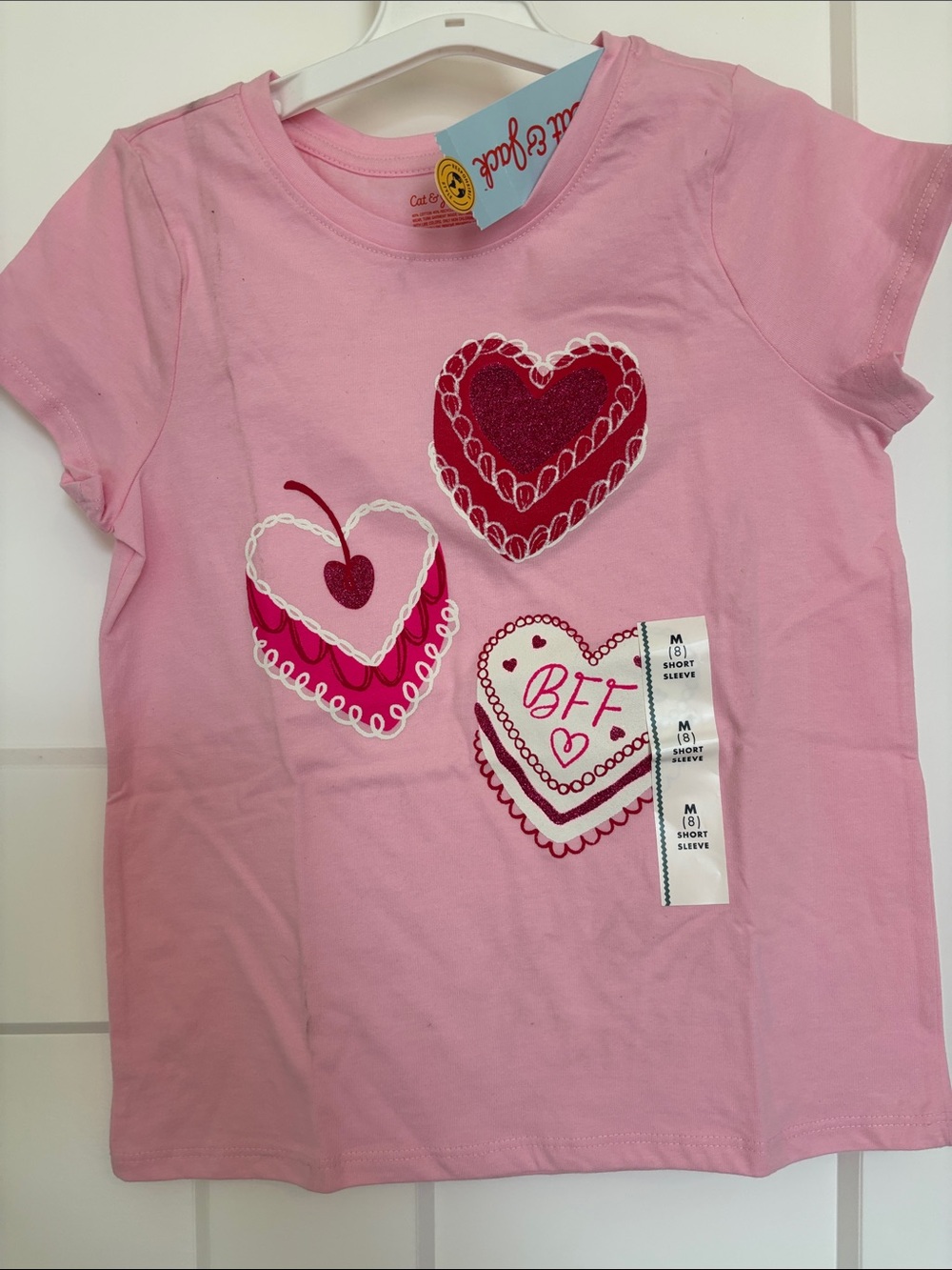 Cat & Jack Pink Short Sleeve Tee with Heart BFF Appliqués